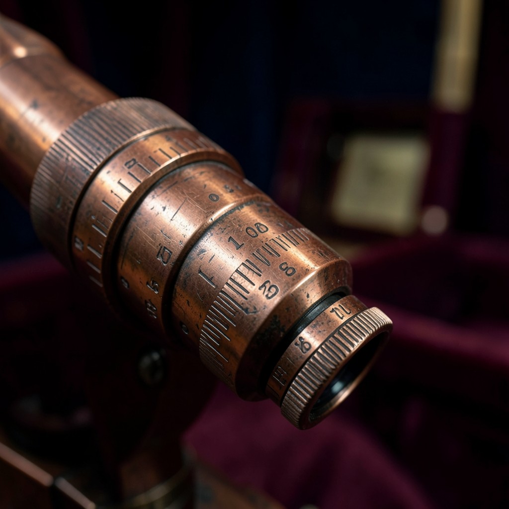 Aged copper telescope detail in a velvet-lined study overlooking a quiet room