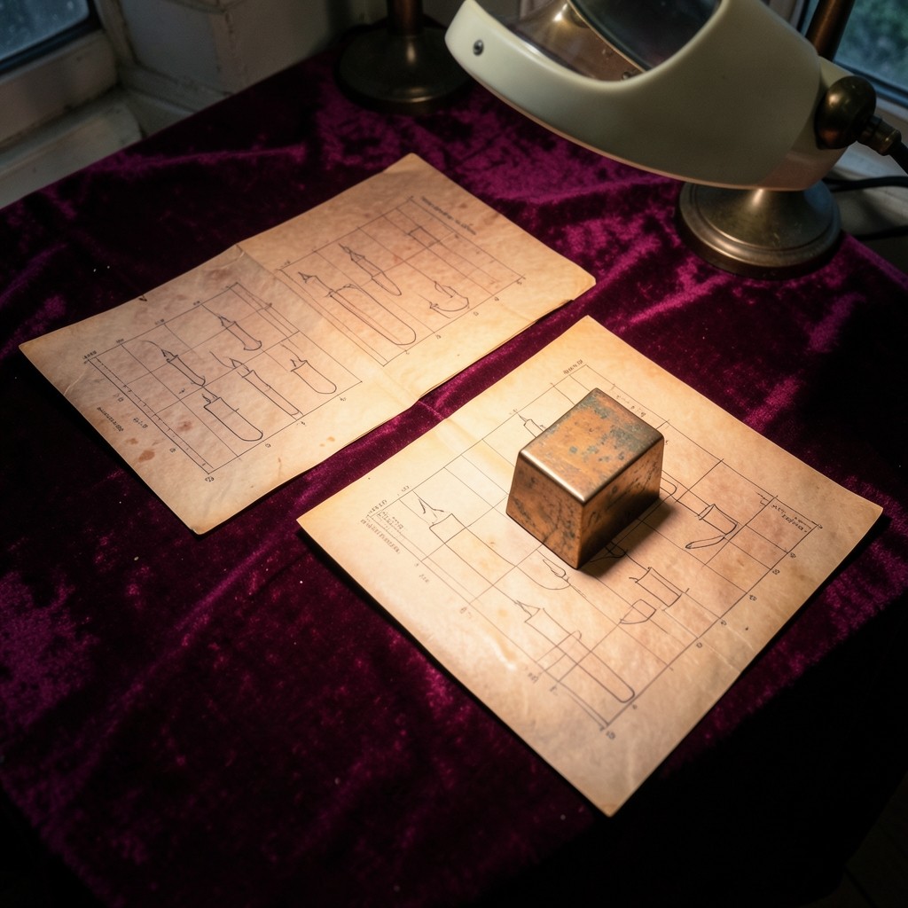 Footprint chart printouts spread across a velvet-covered study table