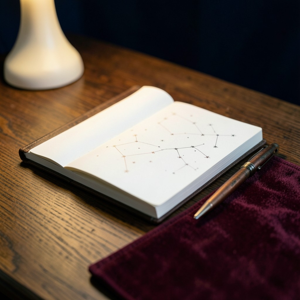 Open field notebook under soft ivory light with constellation markings on the cover