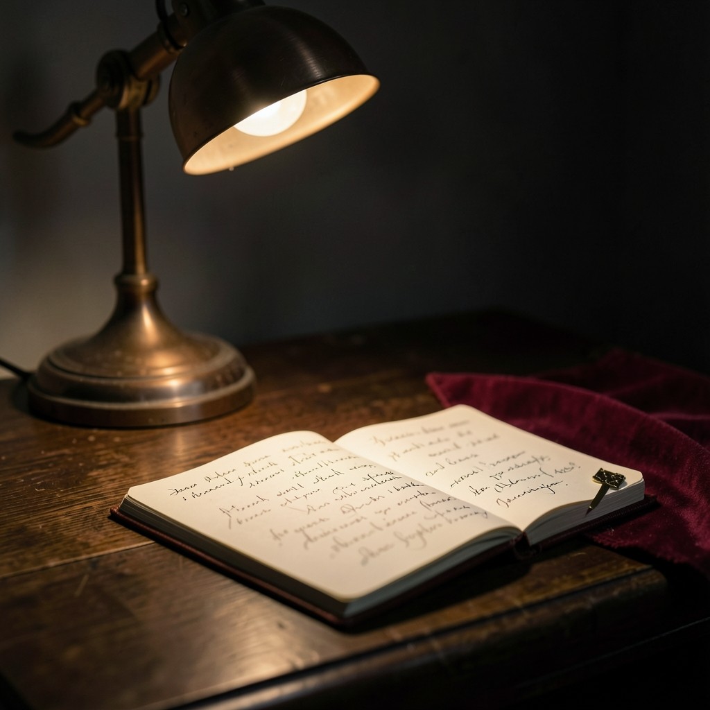 Open notebook with handwritten notes beside a copper desk lamp