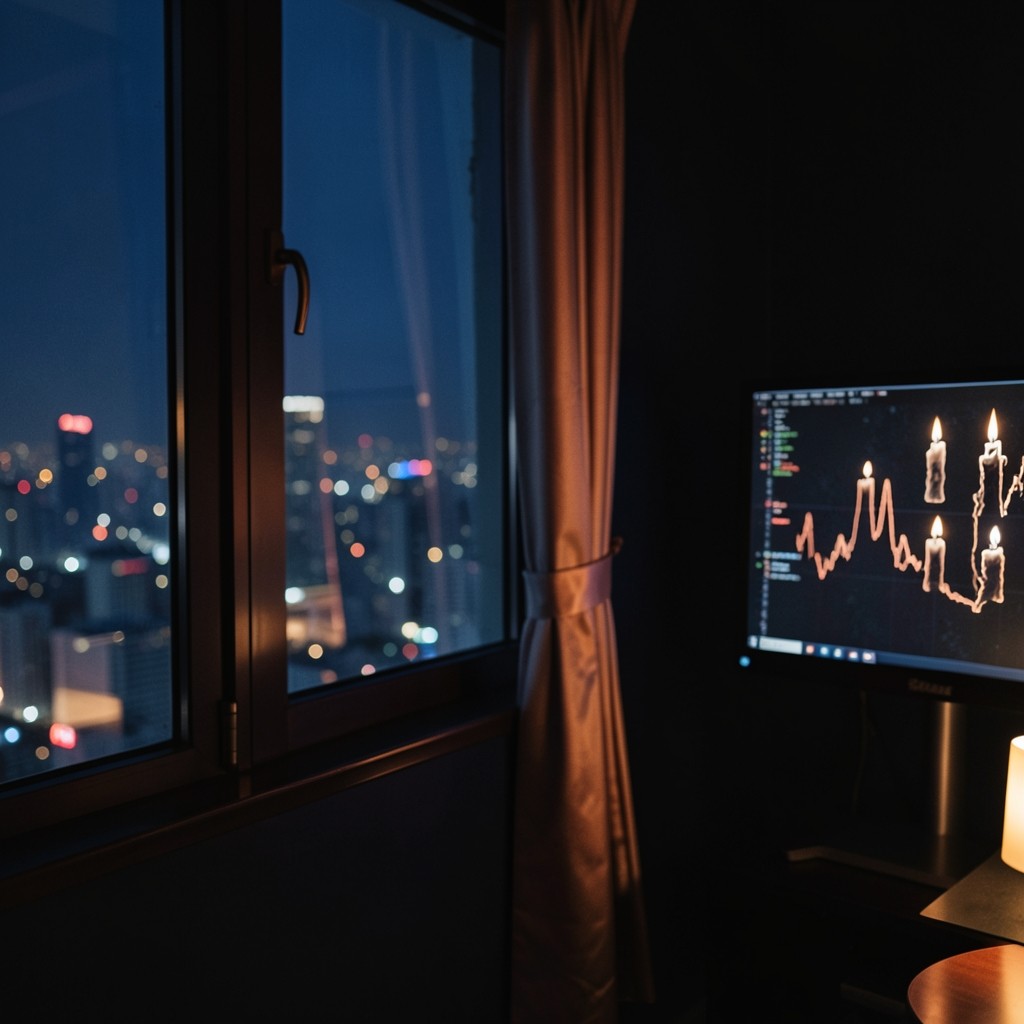 Night city window beside a soft-lit trading screen showing a market open