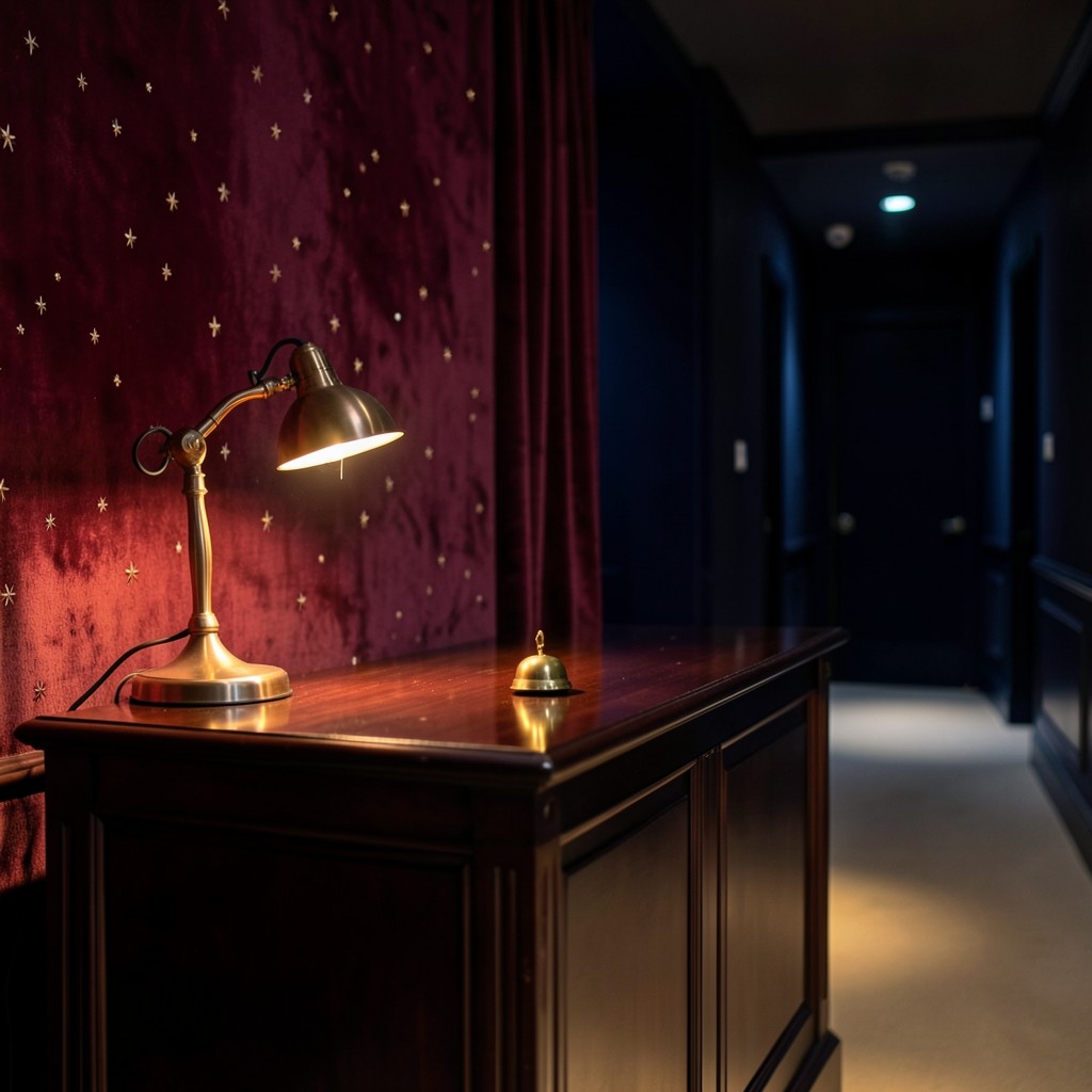 Reception desk in dark lacquered wood with copper desk lamp and soft navy walls