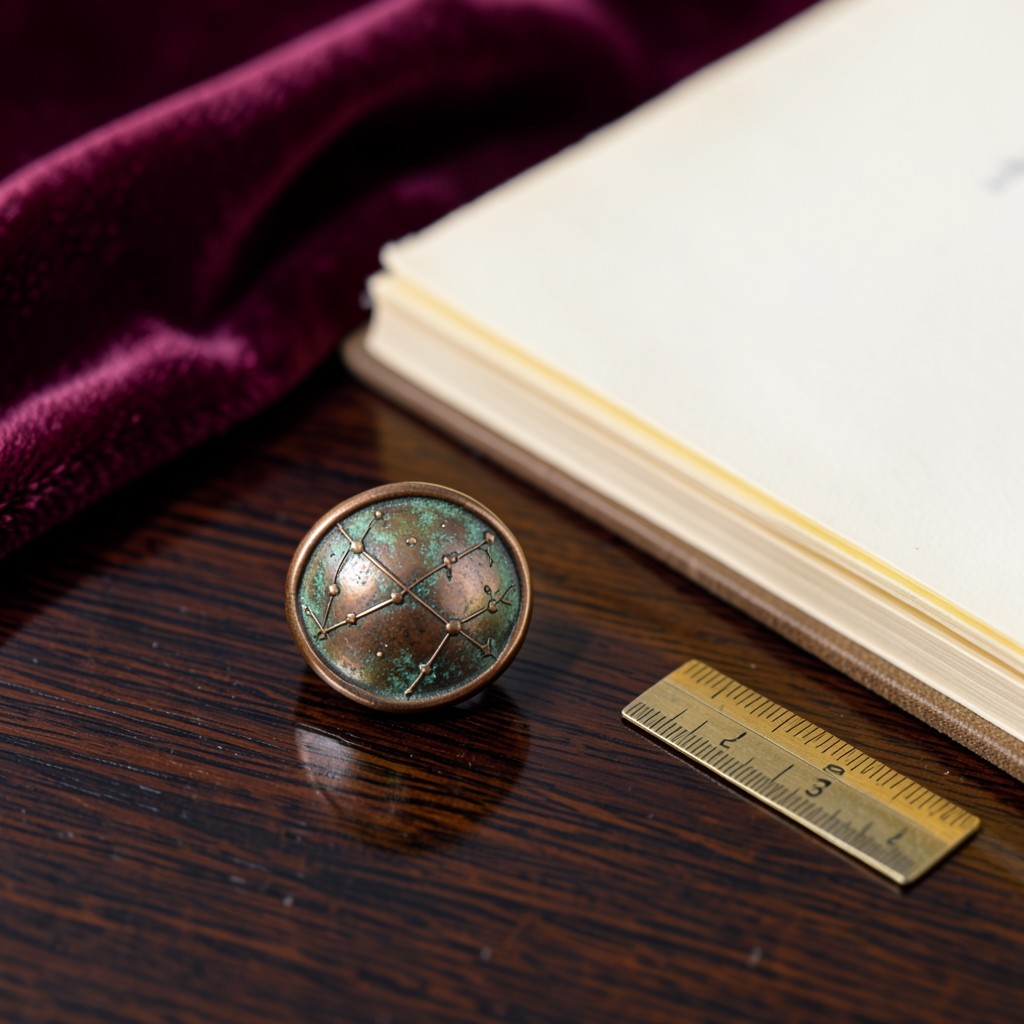 Constellation-engraved brass ring beside stacked workbooks in a dark study
