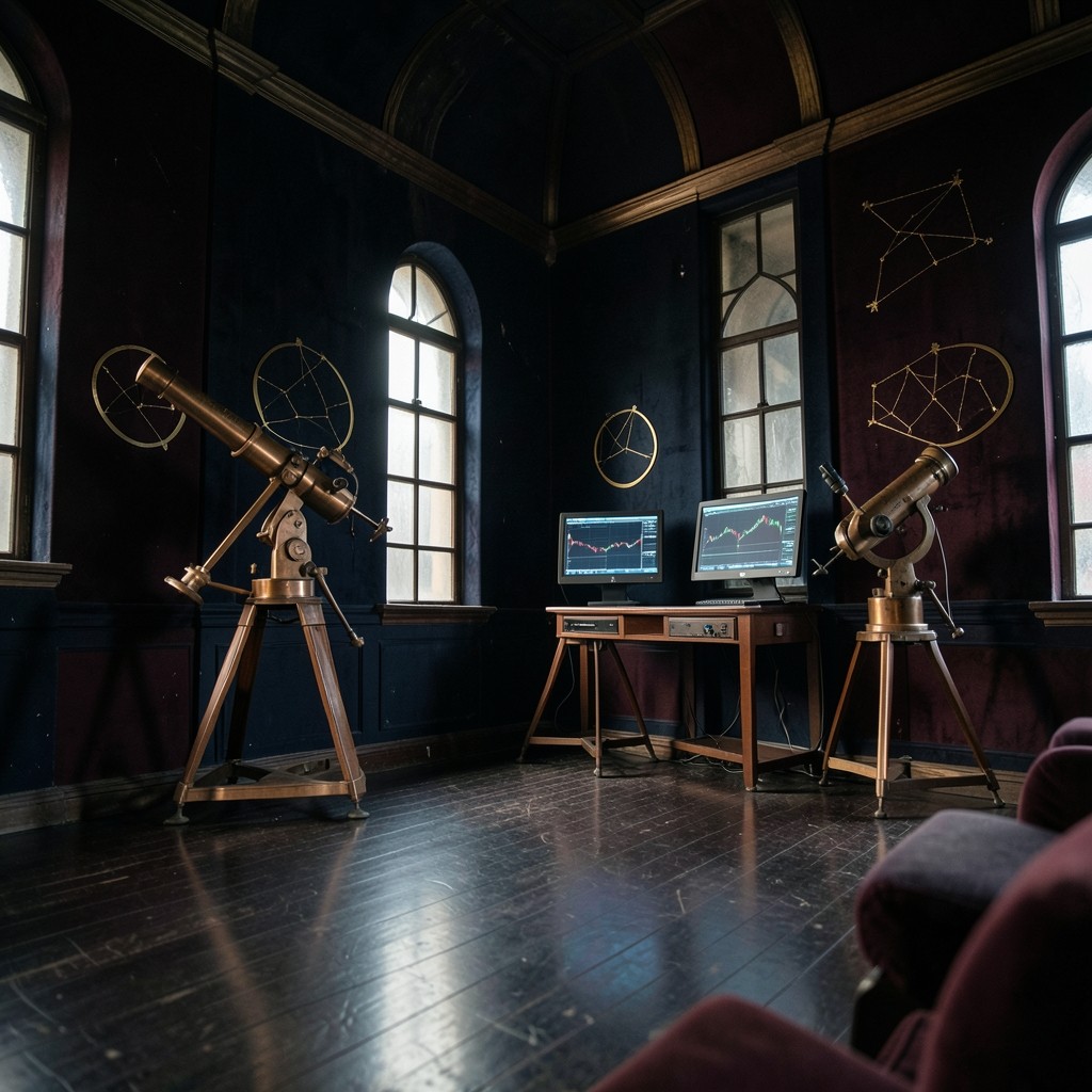 Dim velvet observatory classroom with market screens glowing like instrument panels