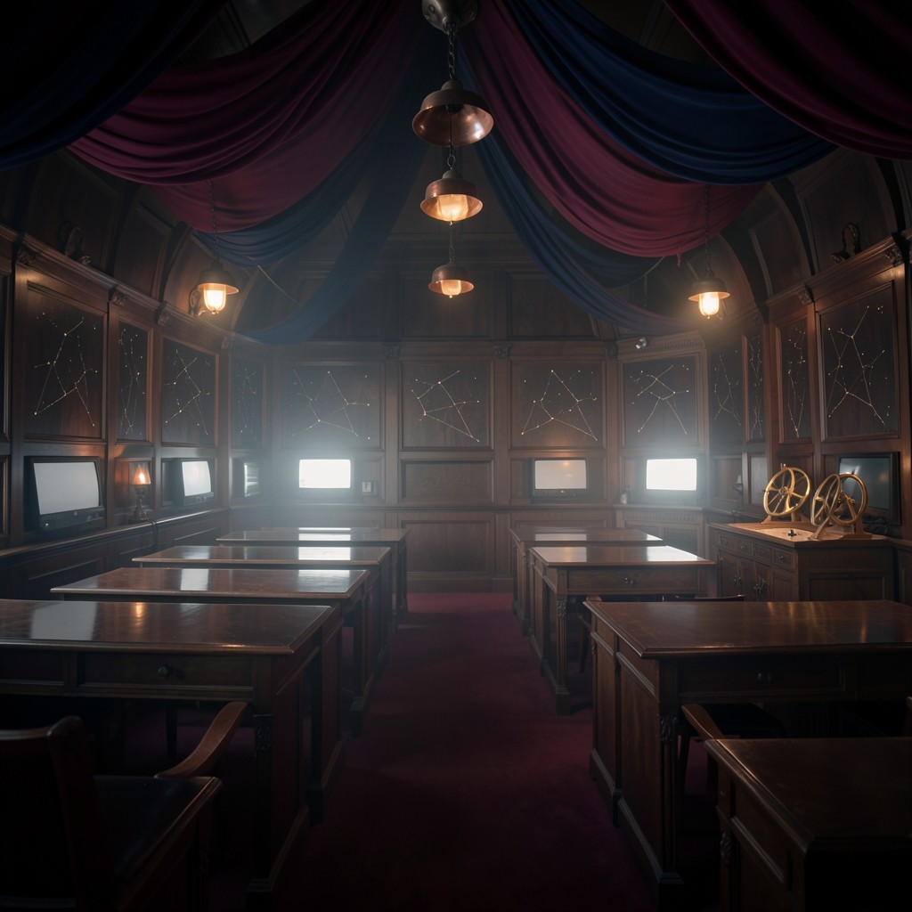 Velvet-walled classroom with brass instruments and soft market light
