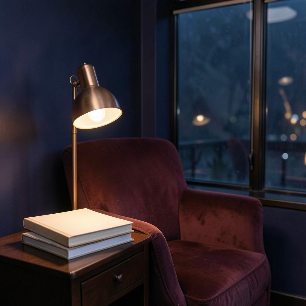 Quiet study corner with stacked trade journals and warm copper lamp light