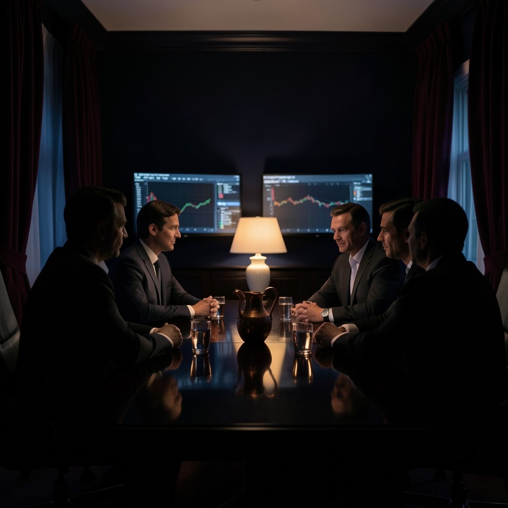 Small group around a lacquered conference table with market screens soft in the background