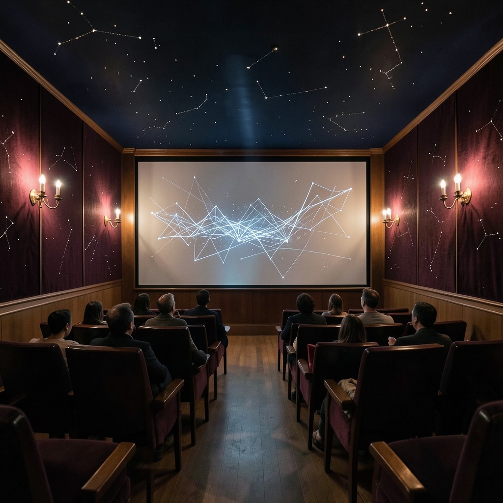 Large chart projected on a velvet-walled classroom with copper accents