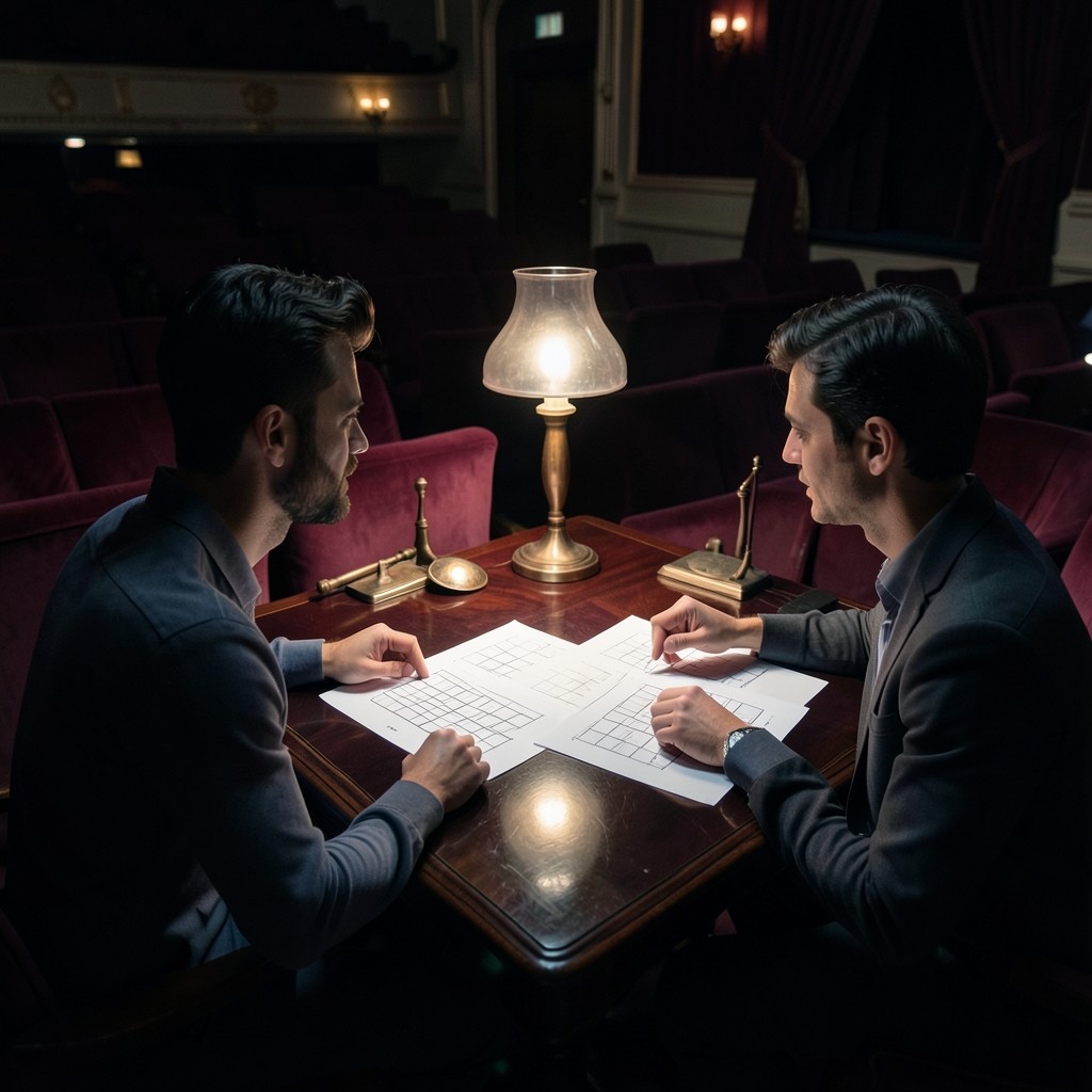 Instructor and trader reviewing printed footprint charts at a wooden table