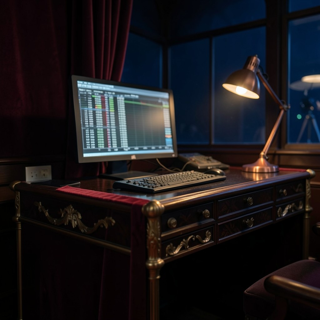 Trading desk with depth-of-market ladder illuminated in a dim observatory-like room