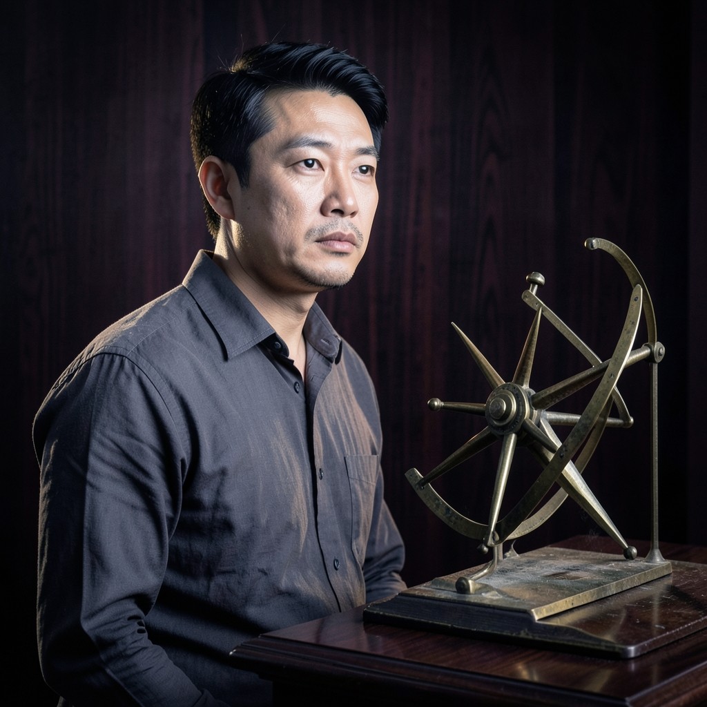 Portrait of Julian Wong beside a brass desk instrument