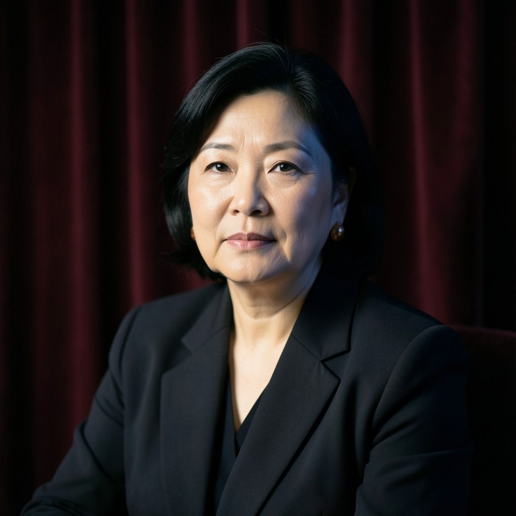 Portrait of Mara Chen in warm low light against dark velvet